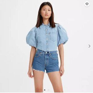 Women's Size Small Levi's Medium WashJean Wash Roxy Puff Sleeve Button-Up Blouse